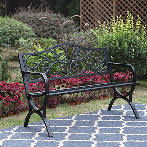 Sophia & William 50" Outdoor Garden Bench Patio Park Bench, Cast Iron Metal Frame Furniture with Floral Design Backrest for Porch Yard Lawn Deck, Black - Image 3