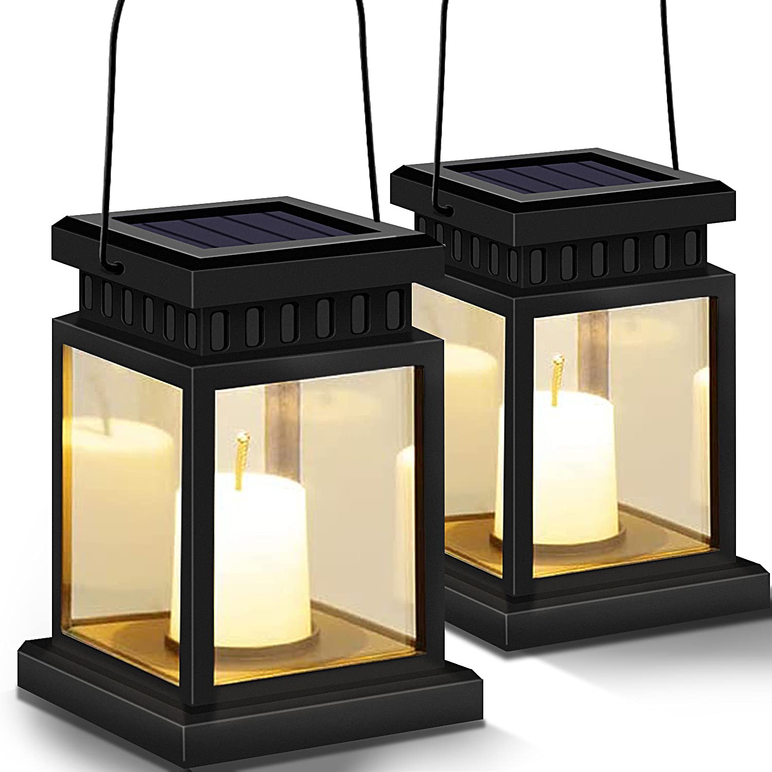 SLGOL 2 Pack Solar Hanging Lantern Outdoor, Candle Effect Light with Stake for Garden,Patio, Lawn, Deck, Umbrella, Tent, Tree,Yard,Driveway-Warm White