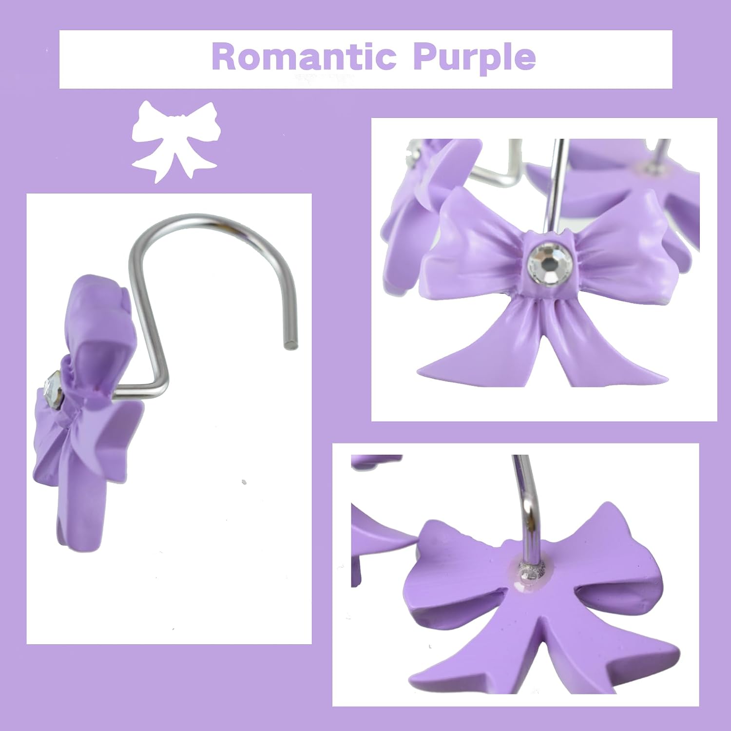Shower Curtain Hooks,12pcs Purple Decorative Bow Knot Shower Curtain Rings for Girl Bathroom Art Decors image 3