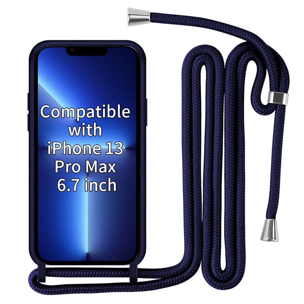 INFOSUN Compatible with iPhone 13 Pro Max Crossbody Case, Scratch Resistant and Bumps TPU Material Phone Moblie Cover Neck Cord Lanyard Strap Case for Apple iPhone 13 Pro Max 6.7" -Navy Blue