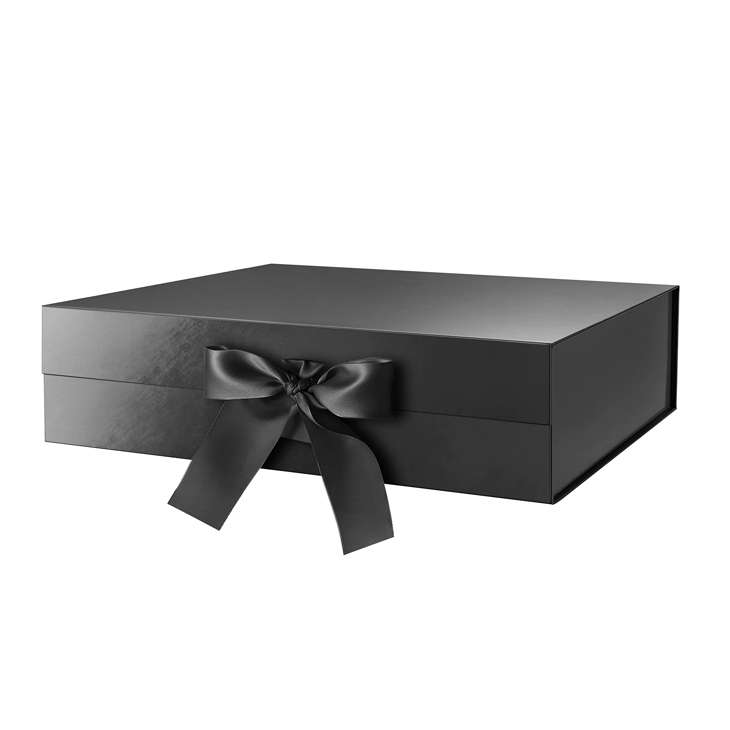 GREEN BEAN Large Gift Box with Lid for Present 13x9.7x3.4 Inches, Fathers Day Black Magnetic Luxury Gift Box with Ribbon, Groomsmen Proposal Box (Glossy Black)