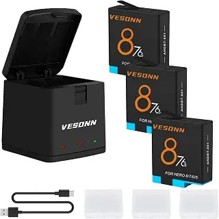 Vesonn for Gopro Hero8バッテリー充電器キット 3*1500mAhゴープロ7 ヒーロー6battery LED付きUSB-C充電器 | ゴープロ8 ヒーロー7予備バッテリー Hero 5,6,7,8ブラック用 Type C 同時充電 Hero5 収納式充電器 ヒーロー6互換電池 (for Gopro Hero 8,Hero7,Hero 6,Hero 5カメラに対応） PSE取得済