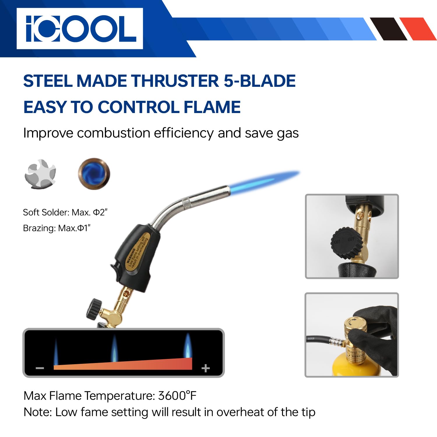 ICOOL Torcia a propano con tubo flessibile, torcia a gas Mapp con valvola, accensione rapida e regolazione del calore, torcia per saldatura di tubi in rame, gioielli, impianti idraulici, HVAC