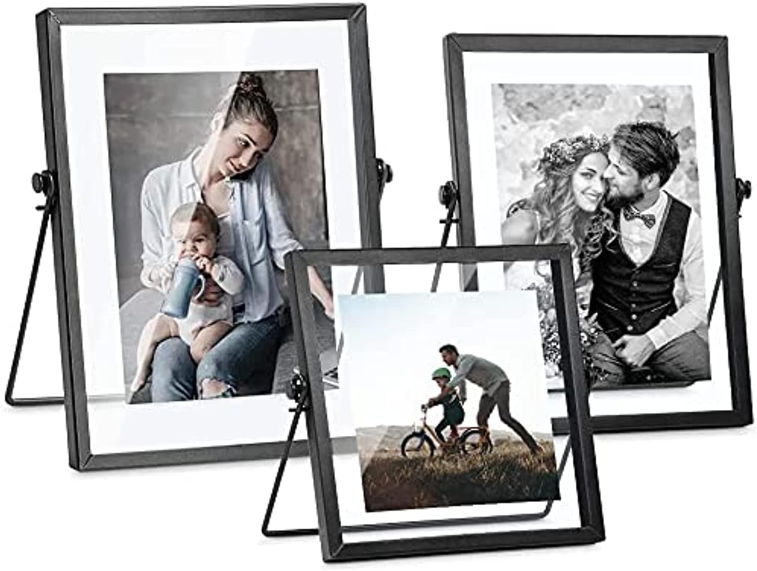 Set of 3 Glass Photo Frame Collection Simple Metal Geometric Picture Frame with Glass Cover Includes 4"" x 4"", 4"" x 6"", 5"" x 7"" (Black)