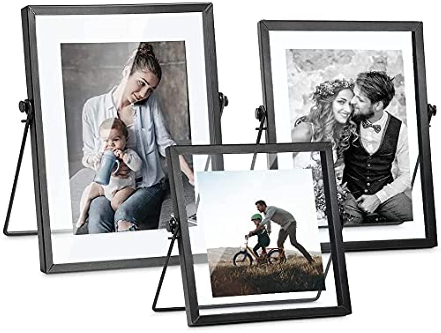 Ralhap Set of 3 Glass Photo Frame Collection Simple Metal Geometric Picture Frame with Glass Cover Includes 4"" x 4"", 4"" x 6"", 5"" x 7"" (Black)