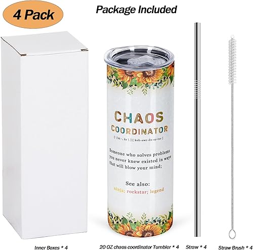 Miniatura 2 de Paquete de 4 vasos de regalo de coordinador del caos, vaso delgado de 20 onzas, regalos de oficina para jefa, profesora, compañera de trabajo,