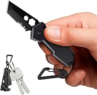 Vista 1 de Mini Cuchillo de Llavero con Mosquetón - Hoja Serrada Tanto de 1.3" - Multiherramienta Negra 6 en 1 - Abridor de Botellas, Cortador de Caja, Bloqueo
