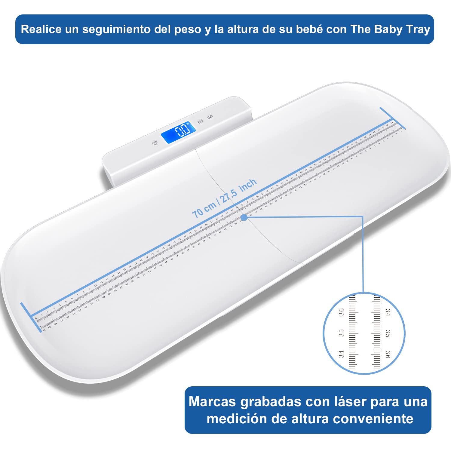 Bluetooth Bascula Bebe, Bascula para bebes multifuncional con bandeja extraíble, Báscula bebes digital con funciones de tara y retención, Aplicación gratuita y baterías(Máx: 100 kg)