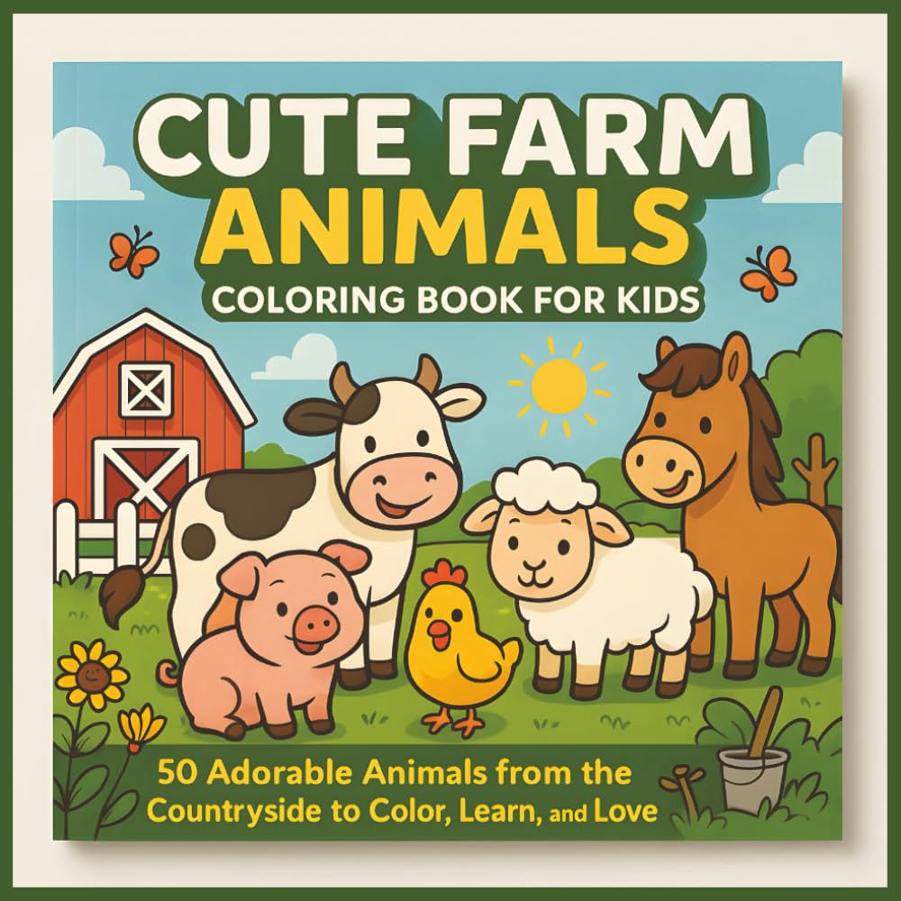 Cute Farm Animals Coloring Book for Kids: 50 Adorable Animals from the Countryside to Color, Learn, and Love