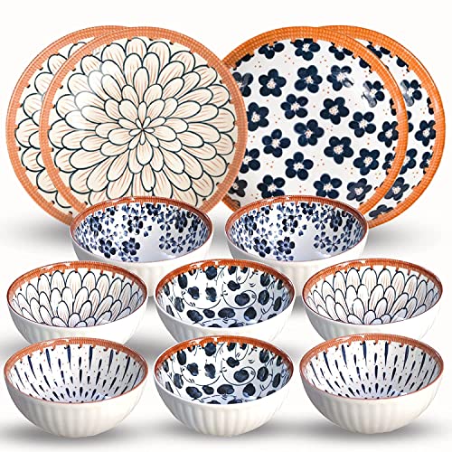 Image of Porcelain Bowls and Plates Dinnerware Set, Japanese Style Set of Bowls and Plate with Gift Box, Assorted Dinner Serving Set for Cereal, Soup, Pasta, Oatmeal, Salad, Rice (8 Bowl + 4 Plate)