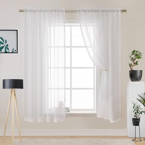 Miniatura 1 de Cortinas blancas con pompones blancos transparentes para niños pequeños, con textura, decorativas, para habitación del bebé, cortinas de ventana (43