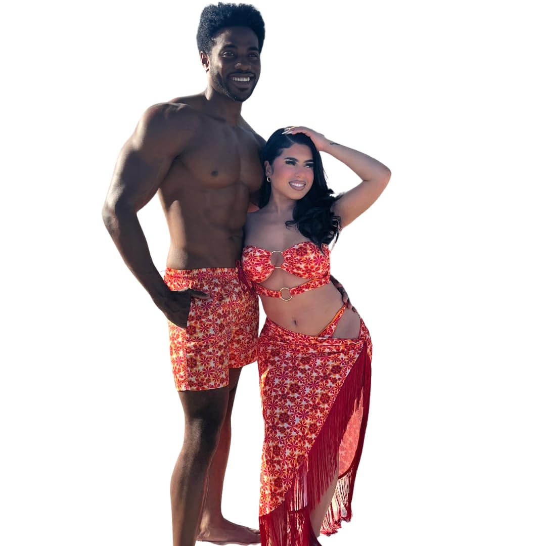 Baecation Couples Matching Swimsuits Floral Print Womens Two Piece Swimsuit with Cover up Mens Swim Trunks