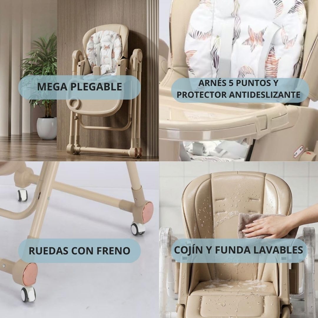 BATHBY Trona Evolutiva 3 en 1 – Plegable y Portátil, con Altura, Reposapiés, Respaldo y Bandeja todo Ajustables, 8 Niveles de Regulación y Sistema de Seguridad, Hasta 6 Años (Marrón)
