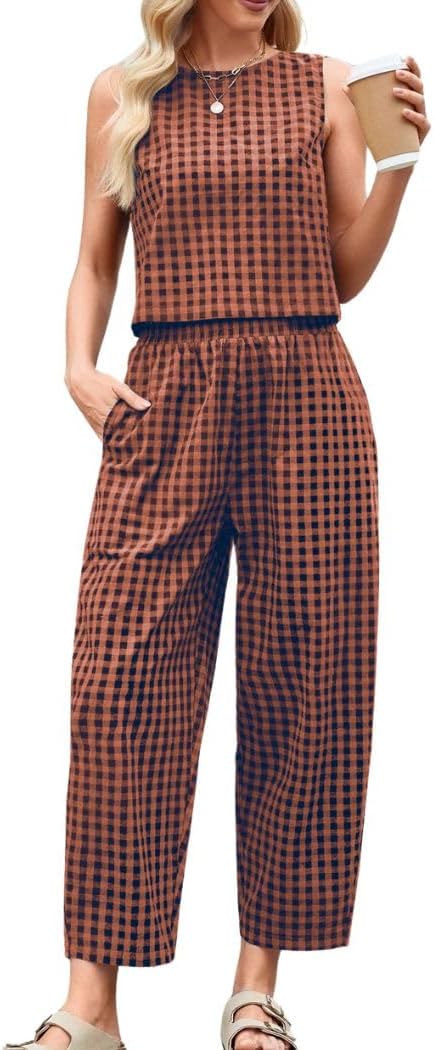Women's 2 Piece Lounge Outfits Plaid Sleeveless Tank Tops Pullover High Waist Wide Leg Barrel Pants Tracksuits