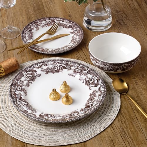 Image of Joseph Sedgh Collection Montana Chip-Resistant Porcelain Dinnerware Set, 12-Piece, Elegant Brown Floral Border