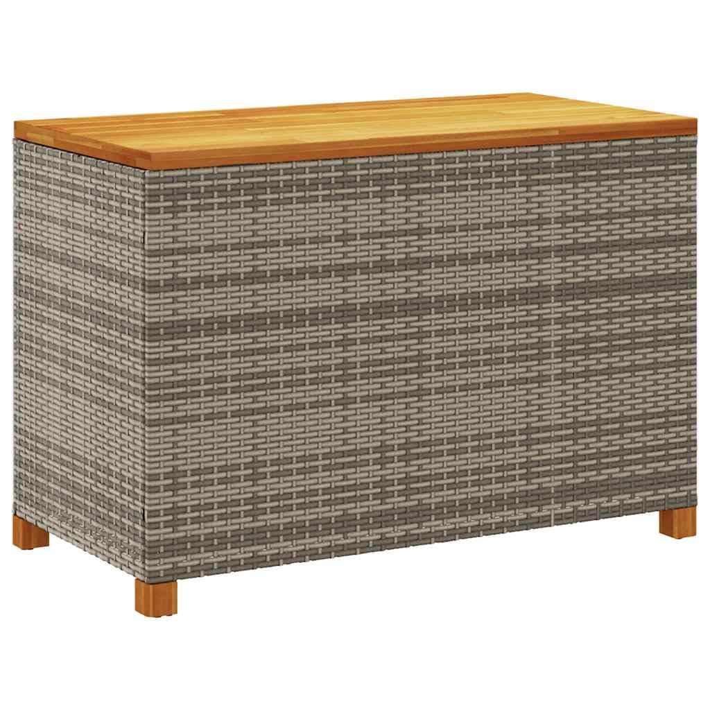 Skrzynia ogrodowa, szara, 110 x 55 x 63 cm, polirattanowa z blatem z drewna akacjowego, wodoodporna skrzynia ogrodowa z pokrywką, pudełko do przechowywania na taras i balkon, odporna na