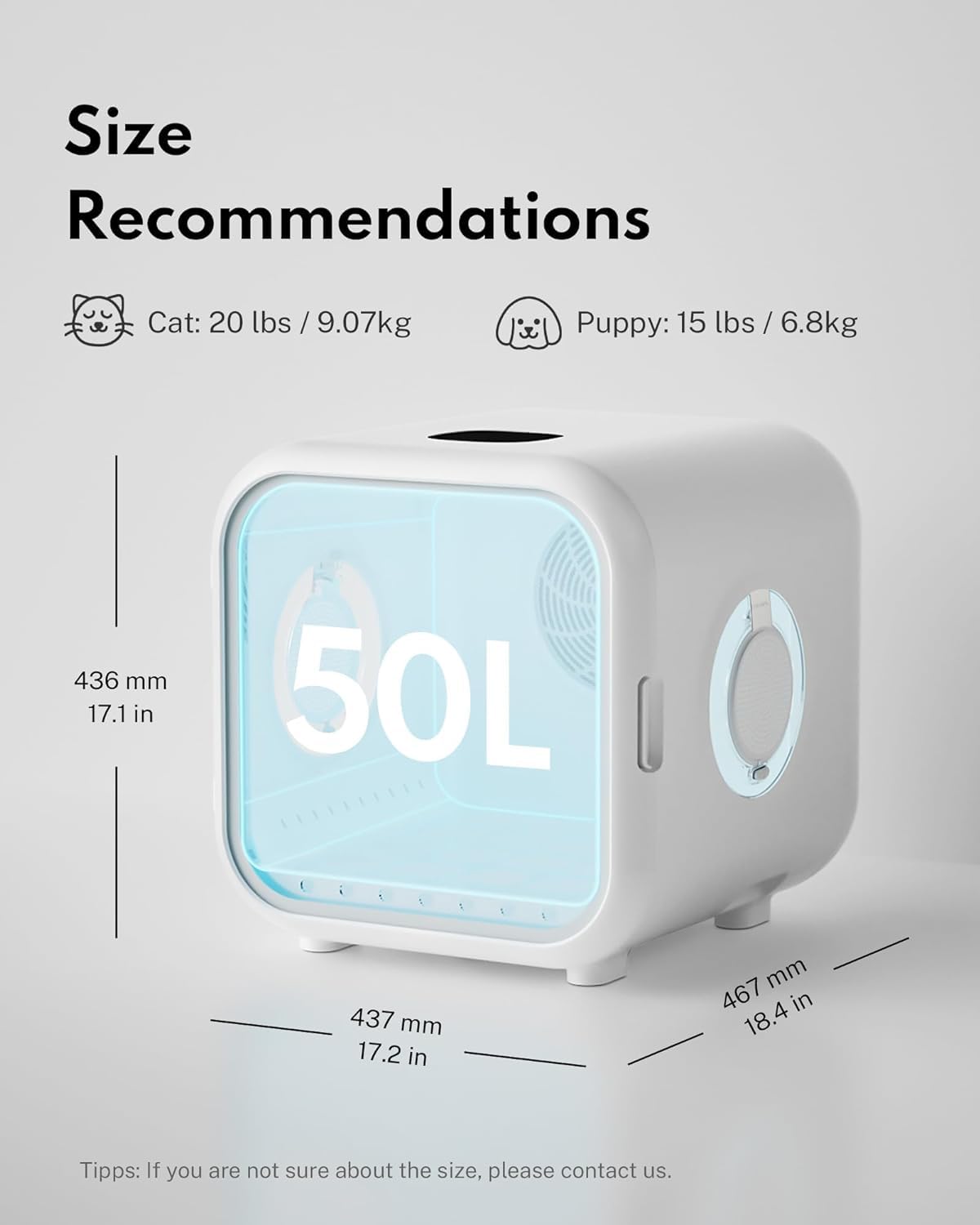 HomeRunPet Pet Dryer, 360° Effizienter Automatischer und Leiser Hundefön Box mit Intelligenter Temperaturregelung, Ideal für Katzen und kleine Hunde (50L Drybo Plus Haustiertrockner)