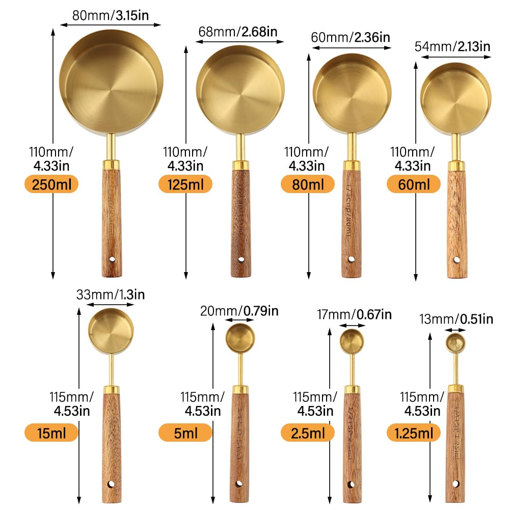 Gold Messbecher und Löffel 8er Set, Stapelbare Edelstahl Messlöffel und Messbecher Set mit Holzgriffen, Trocken- & Flüssigkeitsmessbecher zum Kochen & Backen