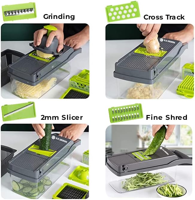 SK DESIGNUK 12 in 1 Vegetable Chopper, Food Chopper Manual Spiralizer-Multifunctional Vegetable Cutter Veg Cheese, Dicer Salad Chopper Potato Cutter Kitchen Onion, Tomato, Potato Cutter