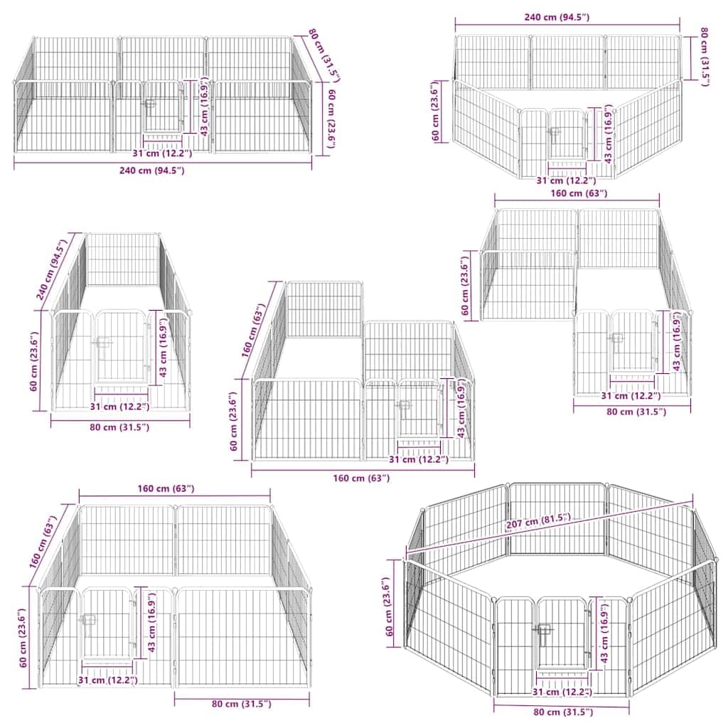 vidaXL Box per Cani con 8 Pannelli Acciaio 60x80 cm Nero Gabbia Addestramento