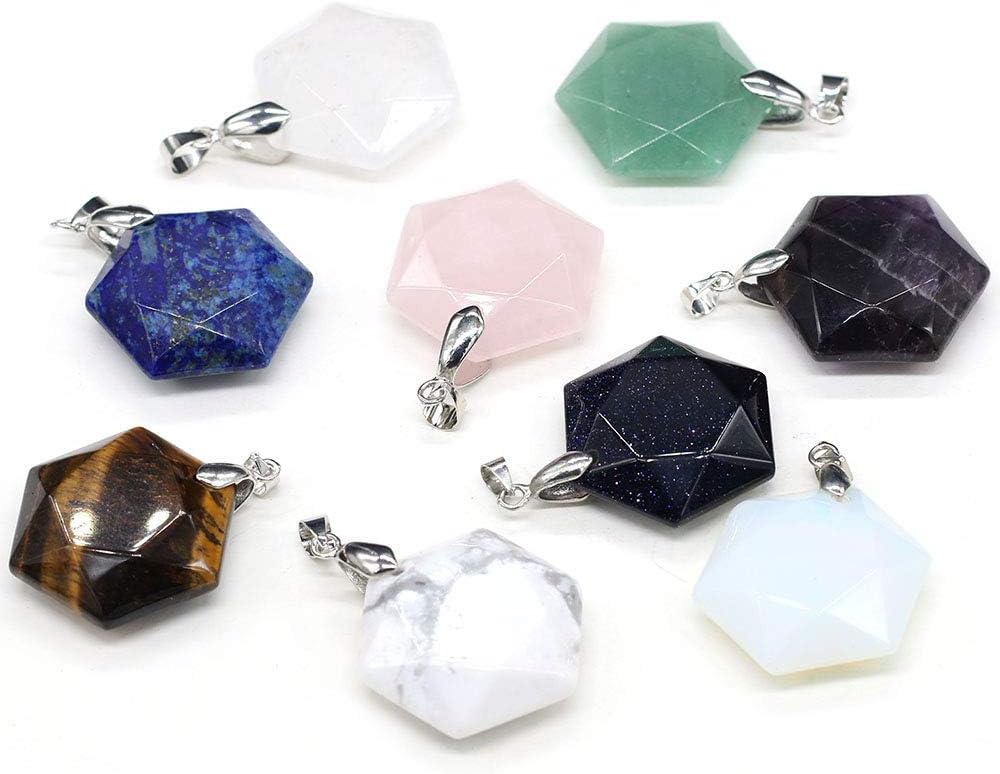 LHJ 5 Pcs Natural Hexagram Stone Pendants Healing Crystal Necklace Charms for Jewelry Making Love Gift