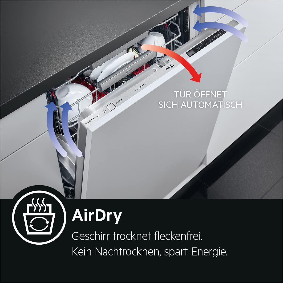 AEG FSE73407P Vollintegrierter-Geschirrspüler / 45cm / AirDry - perfekte Trocknungsergebnisse / D / energiesparend / Besteckkorb / QuickSelect Display / Startzeitvorwahl / Wasserstopp / extra leise