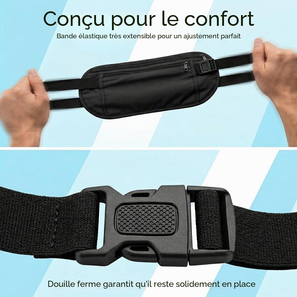 Lot de 2 Ceinture de Course Femme et Homme en Nylon Noir, Banane Secrete Voyage Antivol, Pochette de Voyage pour Papiers, Sac Banane Femme Tissu, Ceinture Cache Billets, Accessoires de Sport