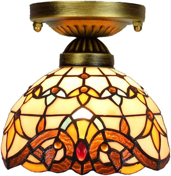 Vintage Semi Flush Mount Ceiling Light Tiffany Style Yellow Baroque Stained Glass Ceiling Lamp for Bedroom Study Living Room E27, 20CM