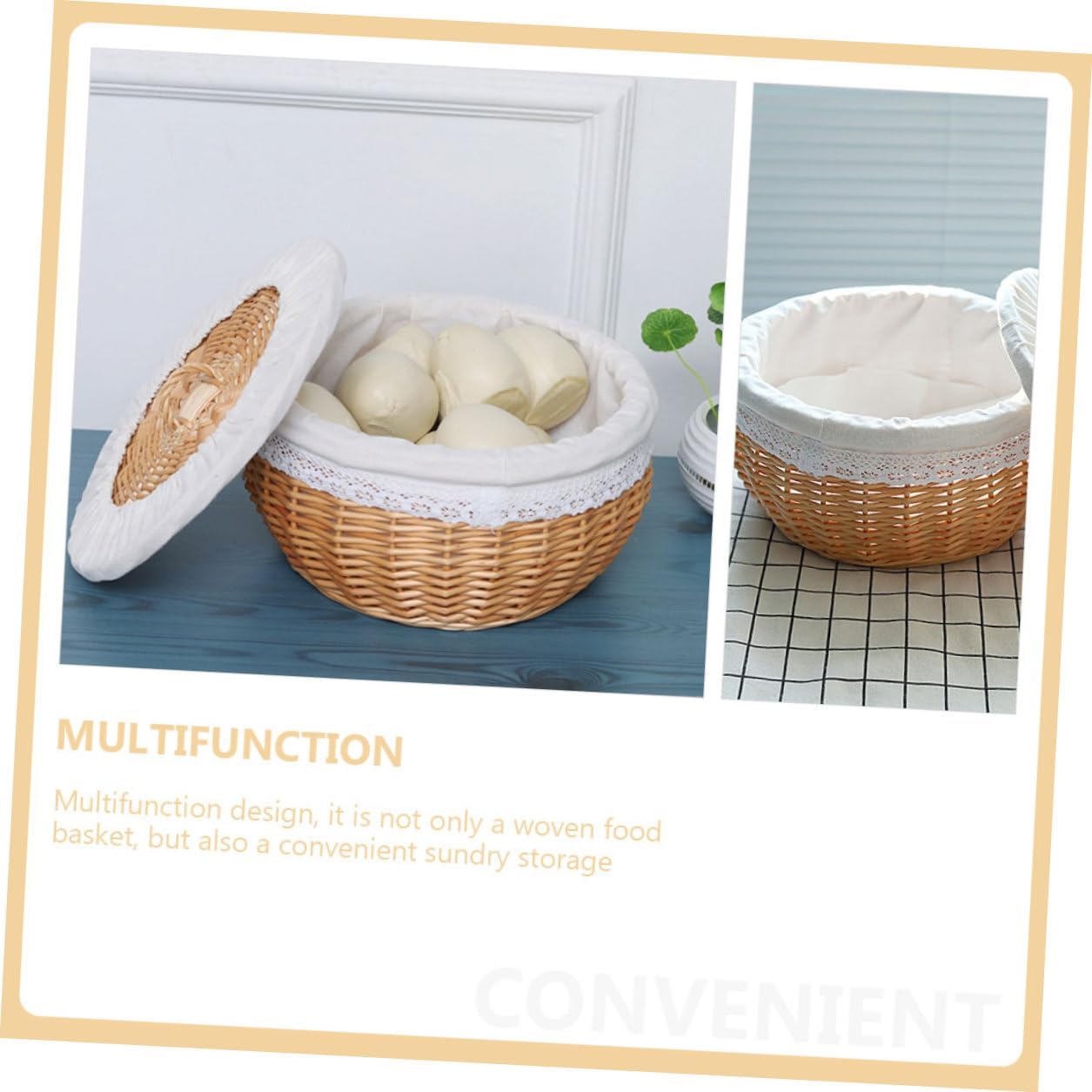 Angoily Woven Snack Storage Basket with White Lining, Small Rattan Food Basket Diameter 30cm, Bread and Sundries Organizer for Kitchen and Dining Table