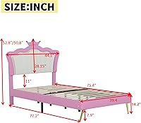 Vista 34 de Elegante cama de princesa tapizada de tamaño individual con cabecera corona, plataforma de piel sintética con soporte resistente de listones