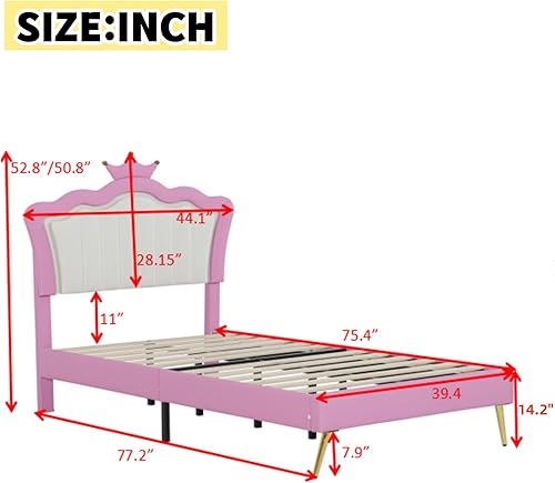 Miniatura 34 de Elegante cama de princesa tapizada de tamaño matrimonial con cabecera corona, plataforma de piel sintética con soporte resistente de listones para