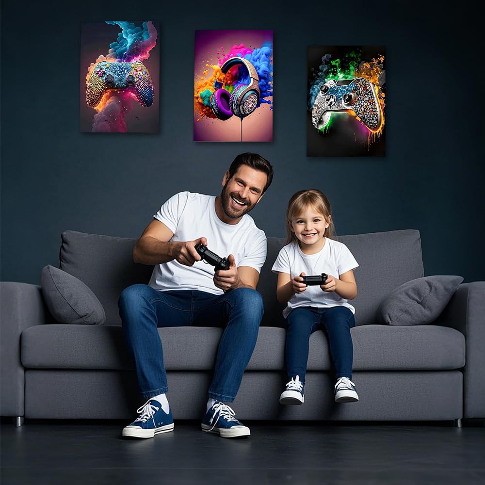 Rongxze 3 immagini da parete incorniciate, 40 x 30 cm, con strass scintillanti, gamepad, auricolari, decorazione da parete, tela HD per camera dei ragazzi, stanza dei giochi, Man Cave