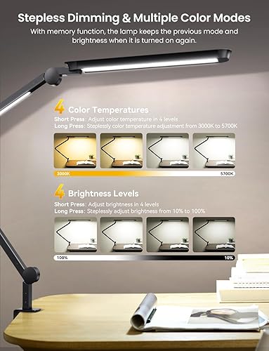 Miniatura 3 de Lámpara de escritorio LED con abrazadera, luz doble ajustable y control remoto, luz de rompecabezas sin deslumbramiento para mesa, 4 modos de color