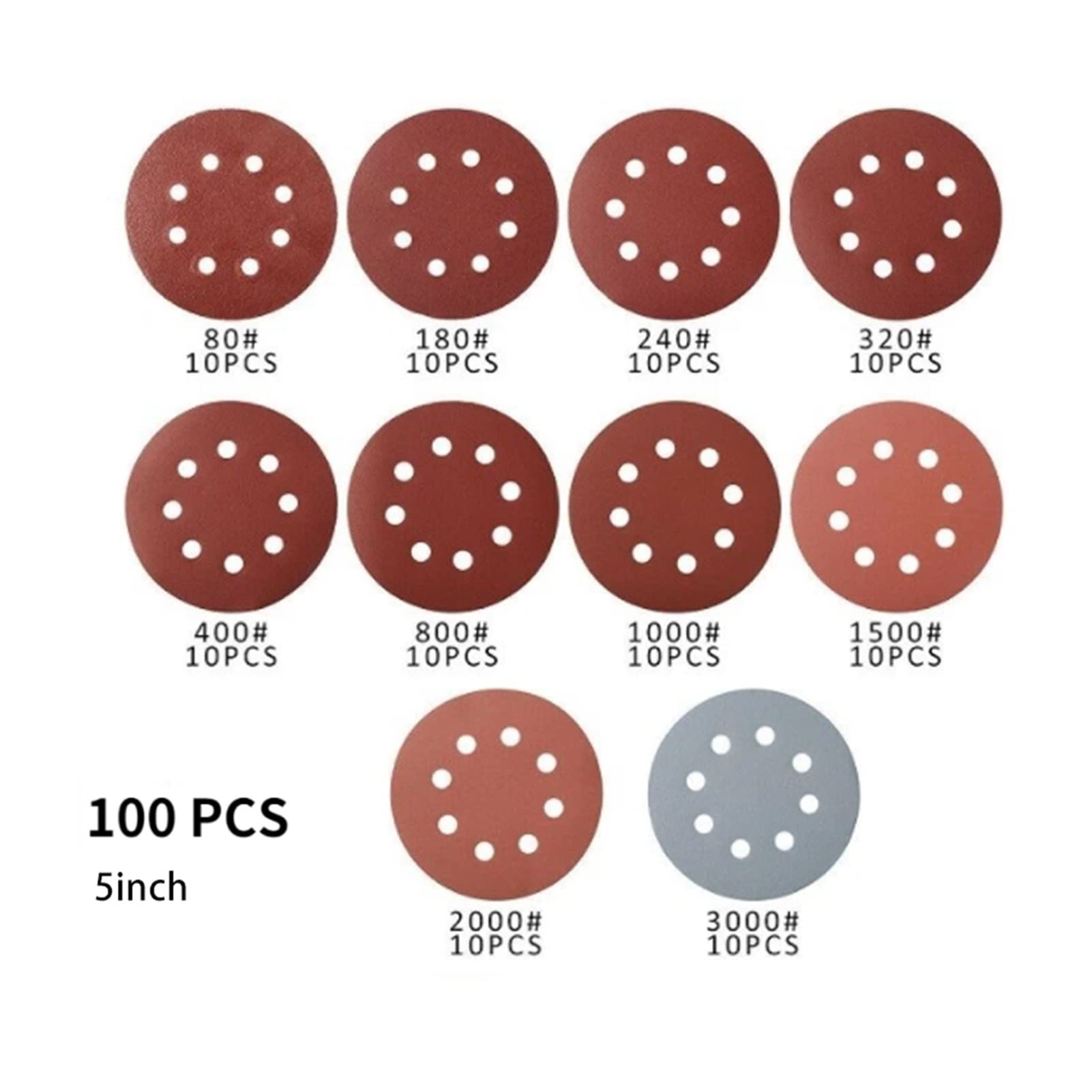 Papel de lija abrasivo ZSBLXHHJD 100 Piezas 125 mm Papel de lija Redondo Pulidos Redondos 8 Agujeros SANDER PULTIVAS PLAZONES Caja fuerte, bajo consumo y alta eficiencia (Color : 100Pcs)