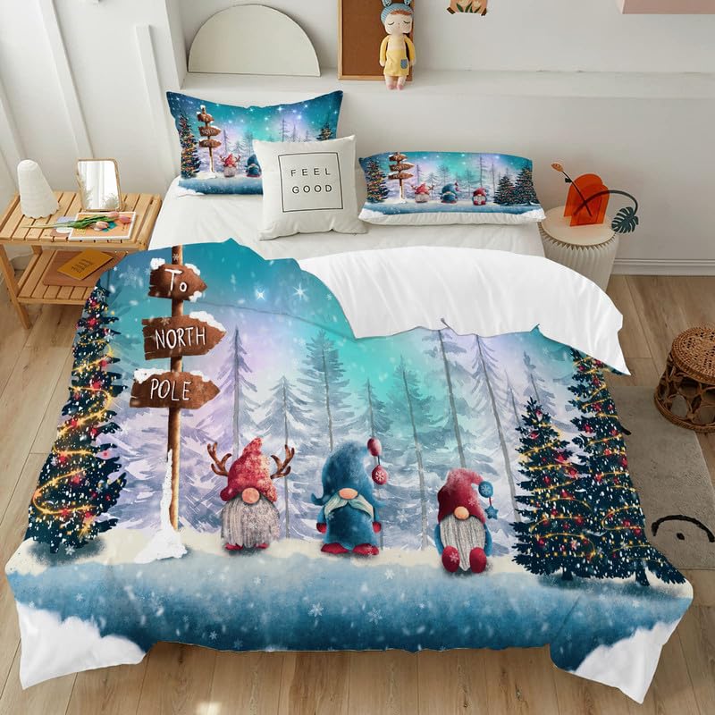 Housse De Couette Noël 90x190 Cm - Thème Nain Et Flocons - Parure De Lit 1 Personne Réversible Avec Taie - 5