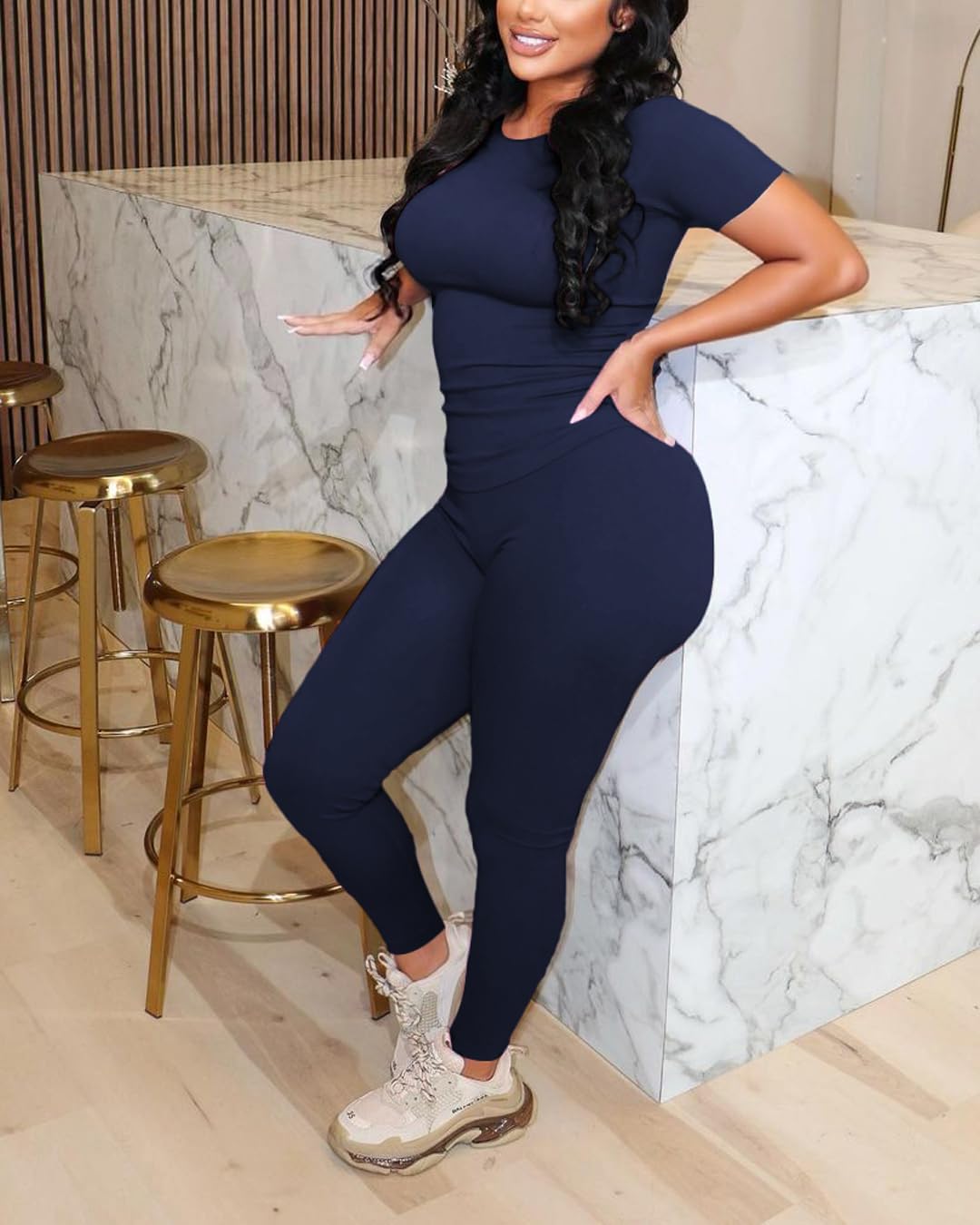 chicyes Workout 2 Piece Sets For Women Summer Casual Two Piece Outfits Short Sleeve Tops Long Pants Lounge Matching Set - Image 2