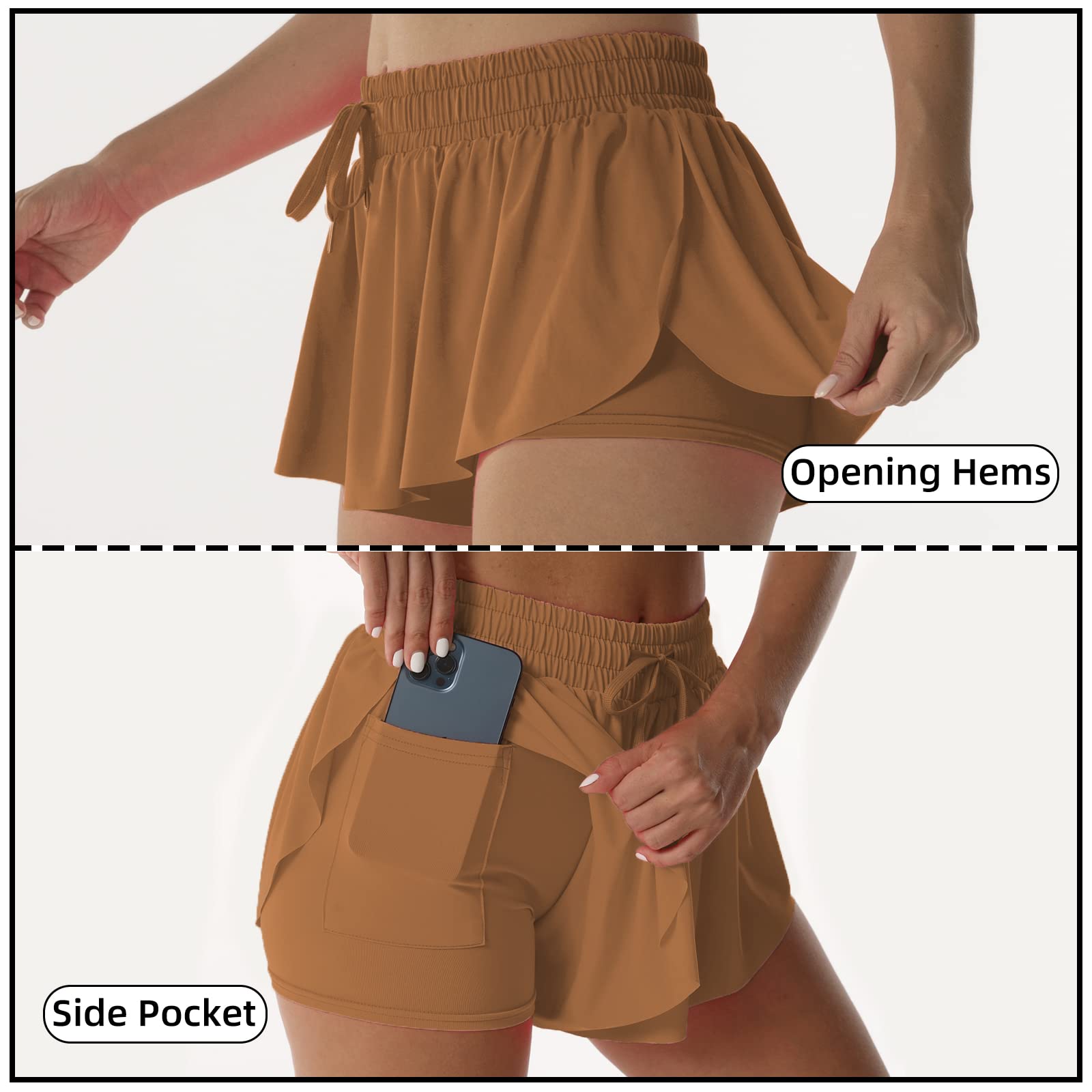 Flowy Athletic Shorts for Women Running Tennis Butterfly Shorts Girls 2-in-1 Double Layer Quick-Drying Comfy Shorts: Medium Copper Brown