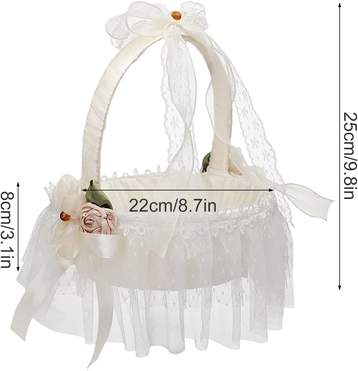 White Handmade Satin Flower Girl Basket with Lace and Rose, Wedding Flower Petal Basket with Ribbon Bow, Fairy Basket for Boys Girls, for Wedding Anniversary Decor (White)