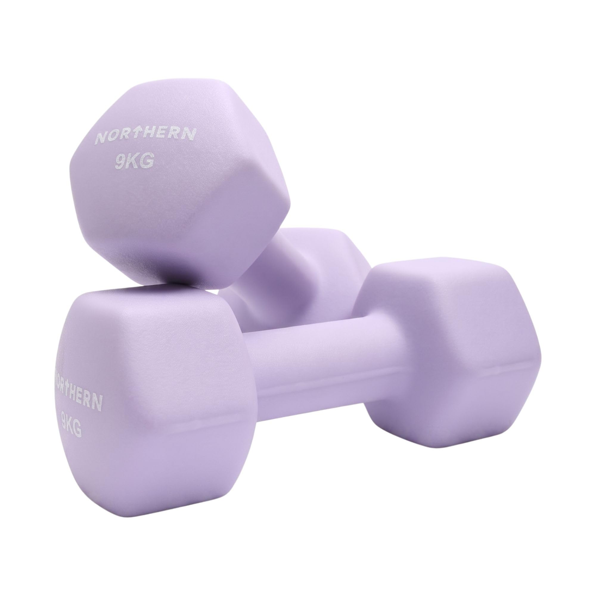 Northern Soft Lavender Neoprene Hex Dumbbells Pair, 1kgโ8kg Hand Weights for Home Gym Strength Training, Non-Slip Hexagonal Dumbbells for Fitness, Aerobics, Yoga & Toning (9kg x 2) โ image 1