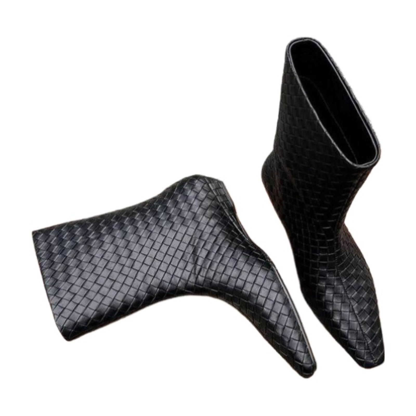 Womens Leather Woven Mesh Pull On Mid Boots Retro Square Toe Flat Comfortable Non-Slip Soft Sole Lightweight For