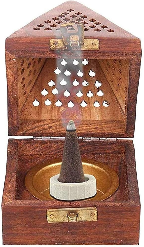 Dhoop Dhup Cup Cone Batti Stand Wooden Incense Sticks Pyramid Box Fragrance Agarbatti Dhoop Incense Holder for Pooja Puja Item Stand Ash Catcher Handcrafted Traditional Design