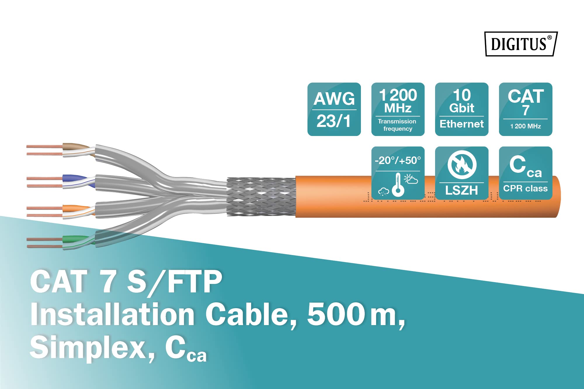 DIGITUS 500 m Cat 7 Cavo di rete - S-FTP (PiMF) Simplex - BauPVO Cca - LSZH Senza alogeni - 1200 MHz rame AWG 23/1 - Compatibile PoE+ - Cavo Ethernet - Arancione