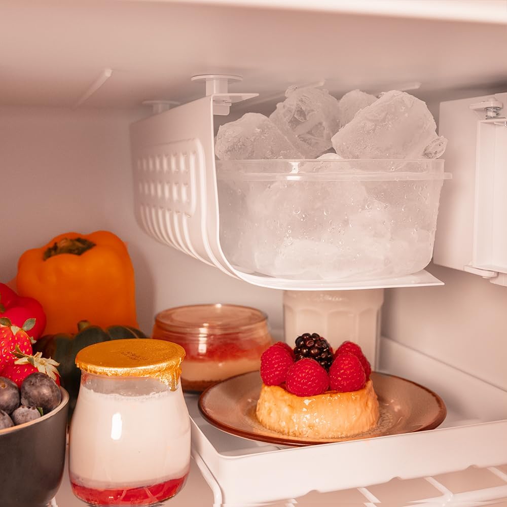 Close-up of the icebox compartment with ice cubes