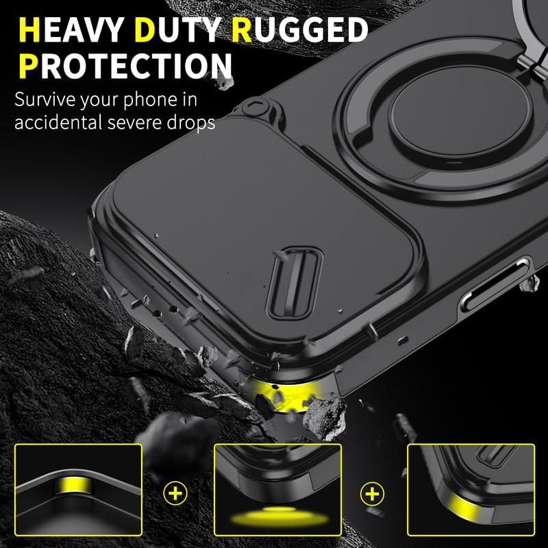 Image of LuxuryKase Shockproof Rugged Case for iPhone 17 Pro Max | Slide Camera Cover | 360 Rotating Ring Kickstand | Military-Grade Protection - Matte Black