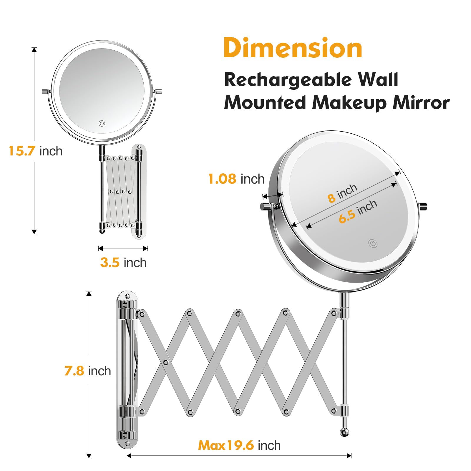 Specchio Cosmetico Ricaricabile USB con Illuminazione, Ingrandimento 1x/10x, Specchio da Barba Dimmerabile, 3 Colori, Specchio da Trucco Touchscreen, Girevole a 360°, Specchio da Parete per Bagno