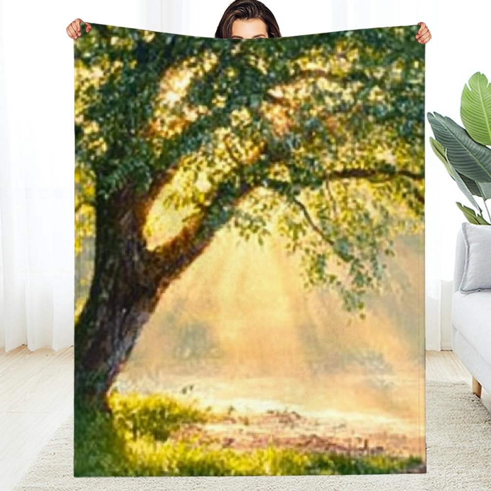 Couverture en flanelle motif arbre et soleil pour camping et lit