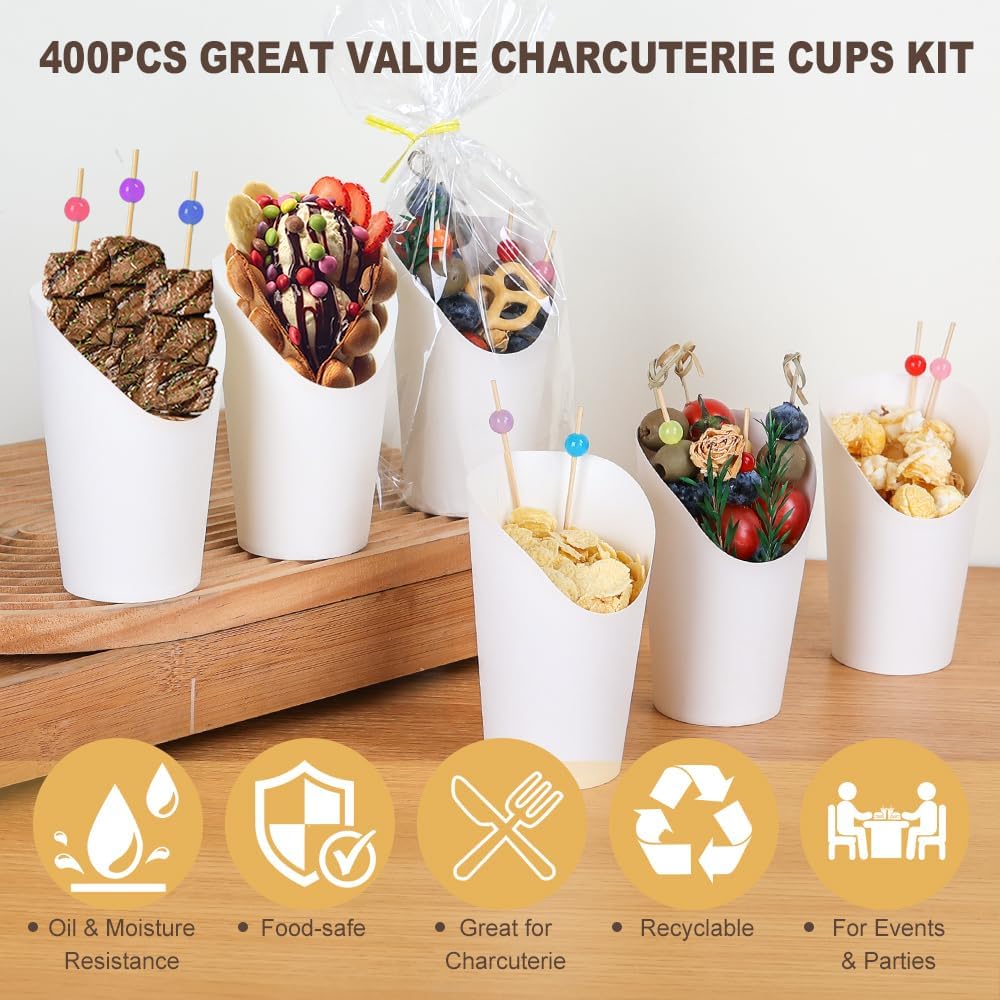 100pcs 12oz White Charcuterie Cups, 200pcs Cocktail Skewers + 100 Bags, Disposable Paper Snack Cups for Charcuterie, Appetizers, Fruits, Parties and Catering - Image 5