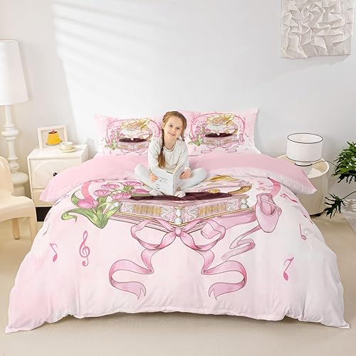 Miniatura 8 de Juego de ropa de cama para niños y niñas tamaño King, funda de edredón con globo aerostático y carrusel con 2 fundas de almohada, funda de edredón