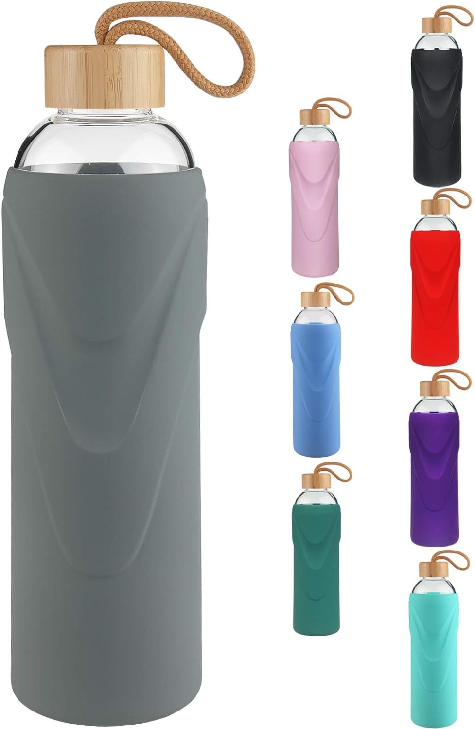 FCSDETAIL Sports Borosilicate Glass Water Bottle, Glass Drinking Bottle with Silicone Sleeve and Leak-proof Lid 420ml / 660ml / 1000ml