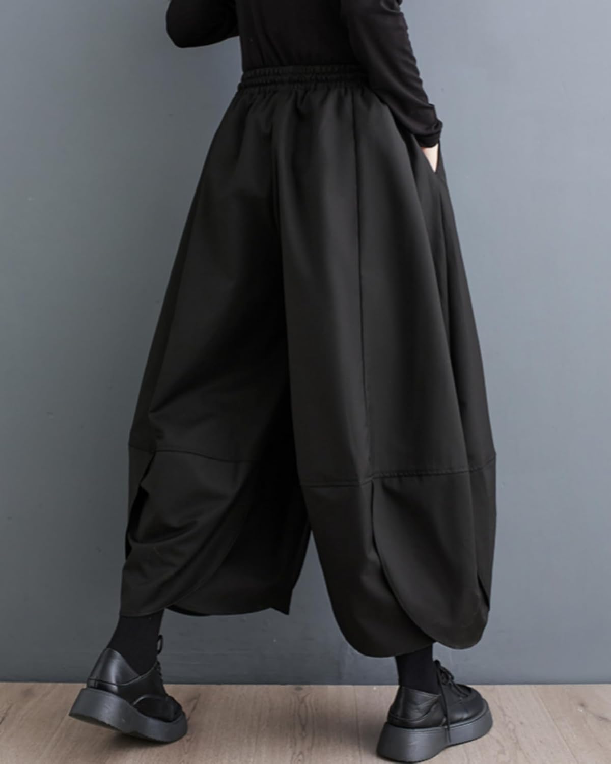 ellazhu Women's Puffy Drawstring Elastic Waist Drop Crotch Hakama Harem Wide Leg Pants GZ81 A - Image 2